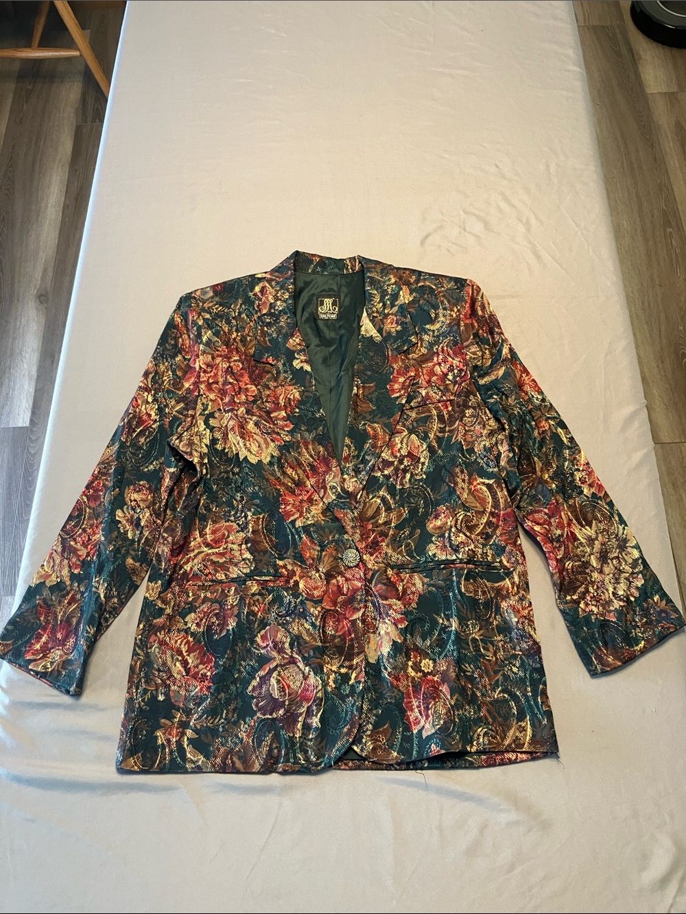San Moire Dark Green Floral Brocade Blazer with Red & Gold Accents